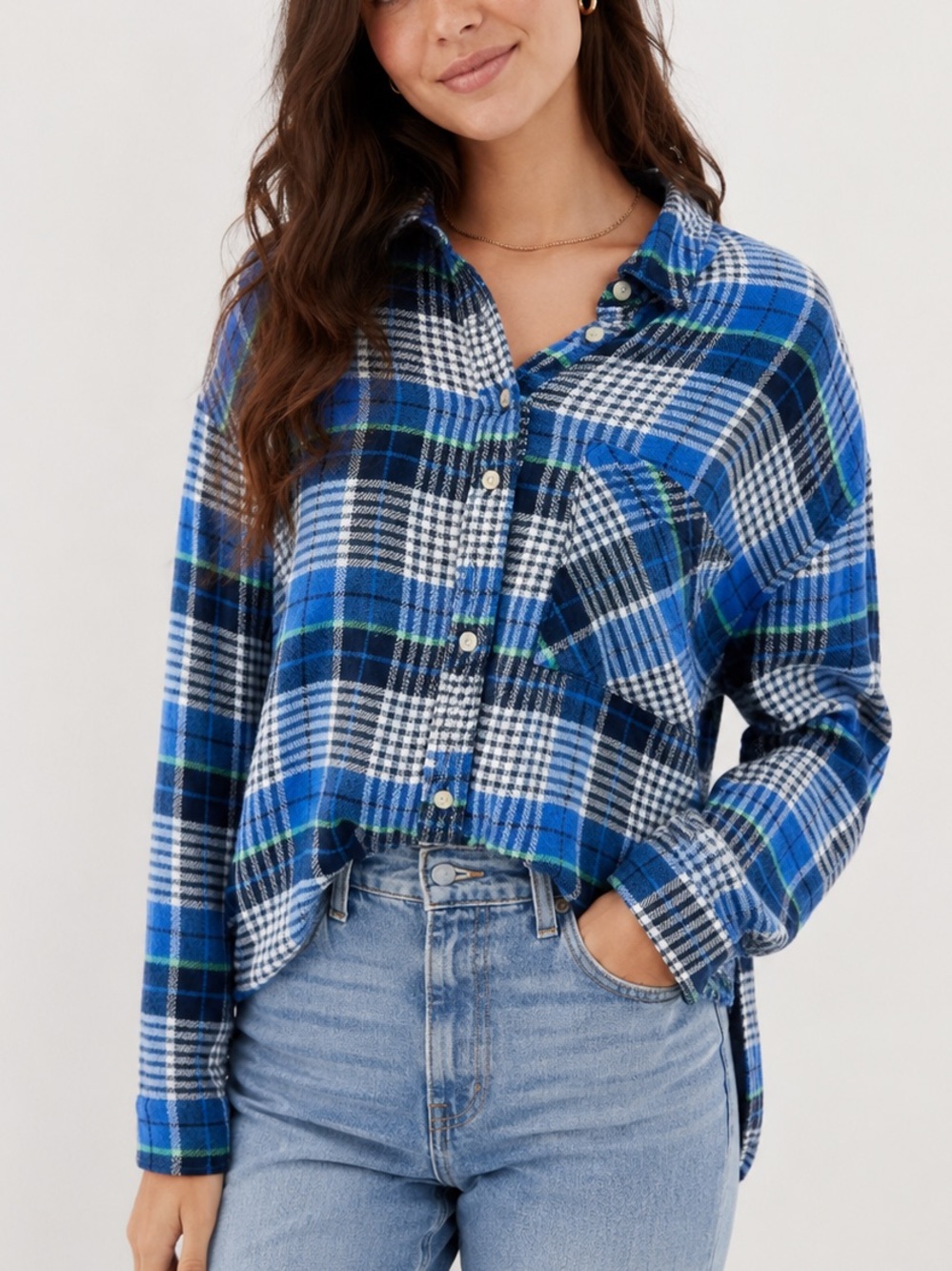 Aerie Blue Plaid Flannel Button Down Shirt Size Medium Soft Casual Top